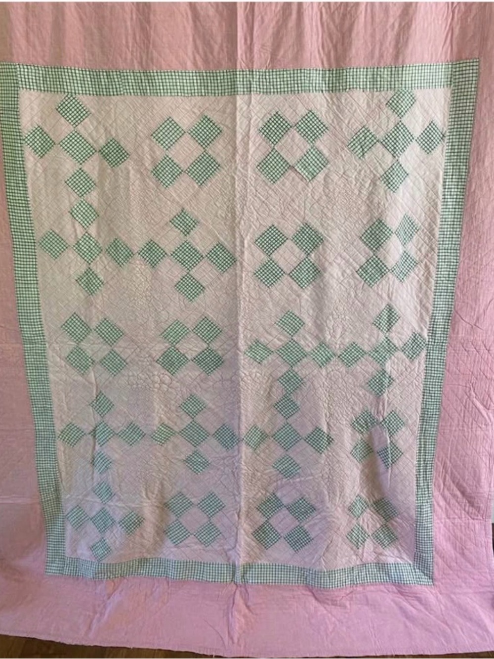 Nine Patch Green Gingham and pink Patchwork Quilt - Hand sewn and quilted